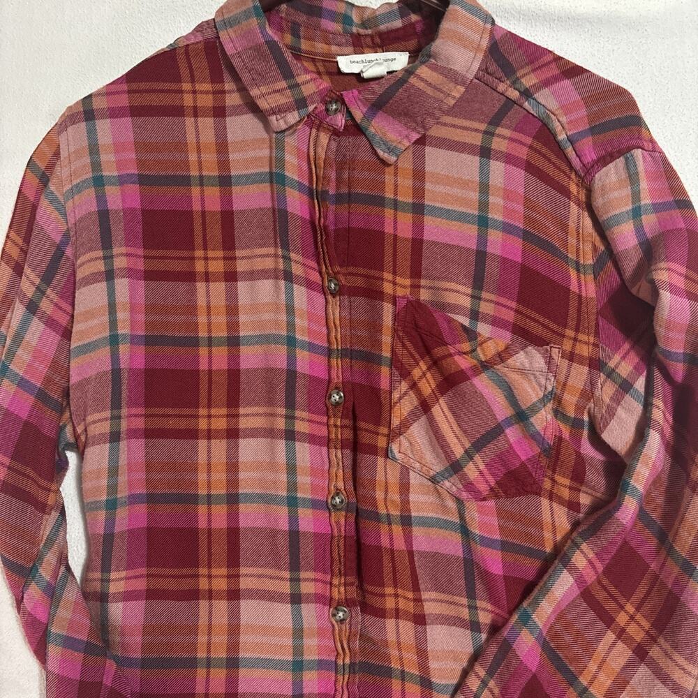Women's Long Sleeve Plaid Beach Lunch Lounge Size M Button-front Shirt